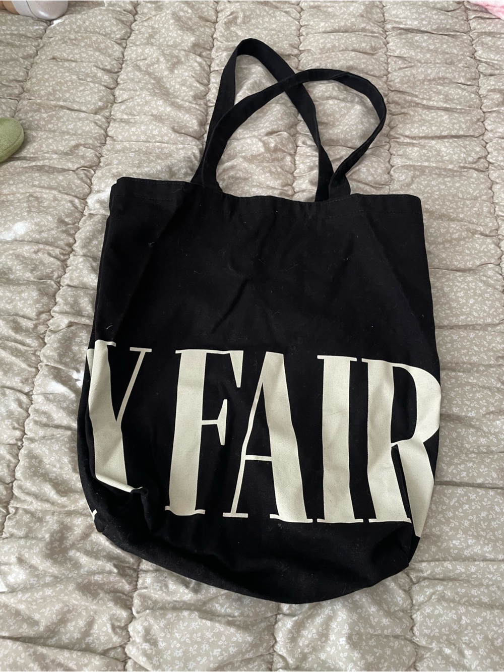 Vanity Fair Black Canvas Tote Bag with White Lettering